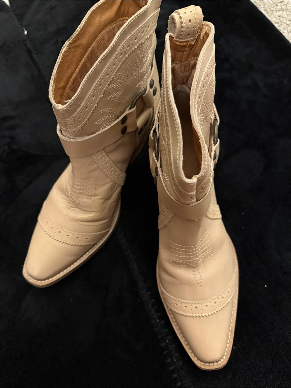 dingo Cream Western Ankle Booties with Stacked Wood Heel